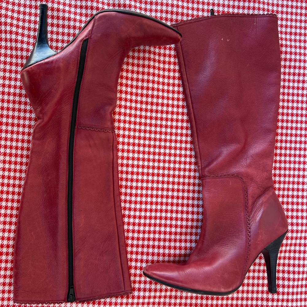 Shu LaLa tall red leather stiletto boots, women’s size 8, side zip, pointed toe